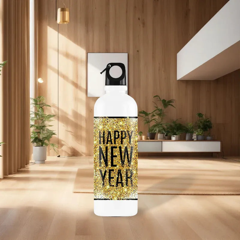Decorative bottle with 'Happy New Year' text in a modern interior setting