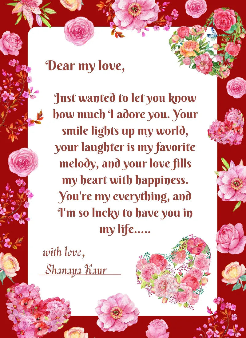 Valentine's Day card with floral design and romantic message on a red background