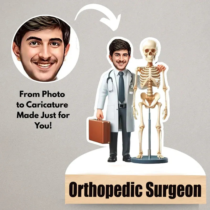 Cartoon caricature of a man in an orthopedic surgeon outfit with a skeleton and briefcase, on a gray background.