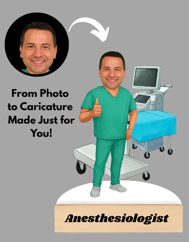 Caricature of a man in green scrubs with anesthesiology equipment in the background, labeled 'Anesthesiologist'.