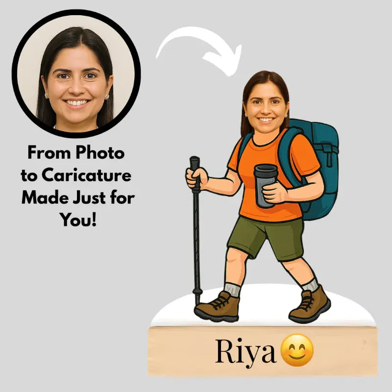 Caricature of a woman with a backpack and hiking gear, with text 'From Photo to Caricature Made Just for You!' and 'Riya' at the bottom.