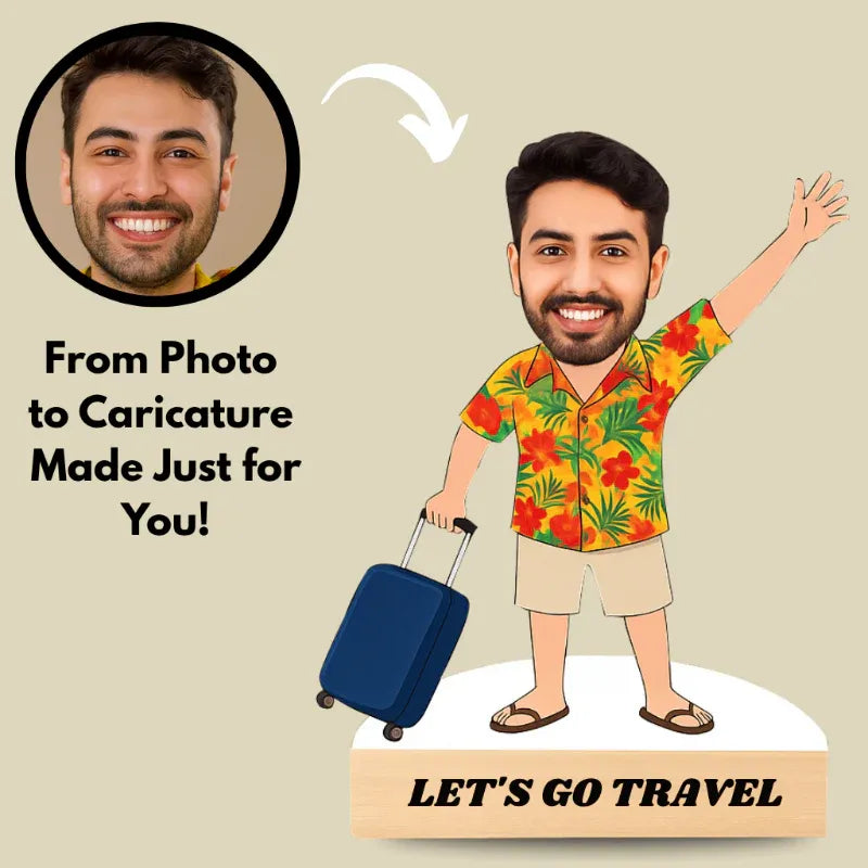 Caricature of a man with a suitcase and 'Let's Go Travel' sign, with text about photo to caricature service.