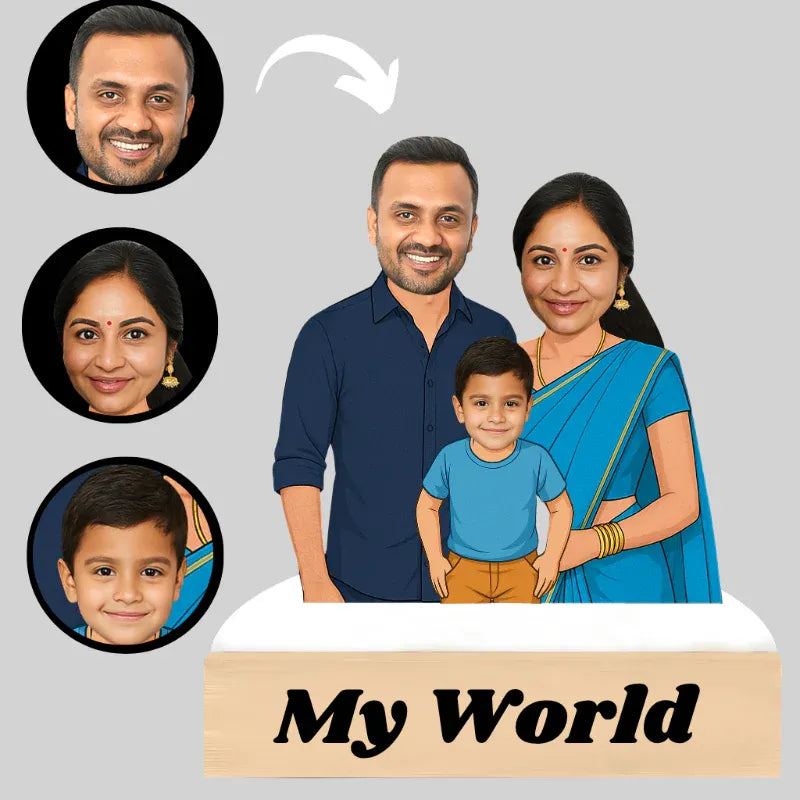 Illustrated family with a child and portraits of family members on a gray background with 'My World' text.