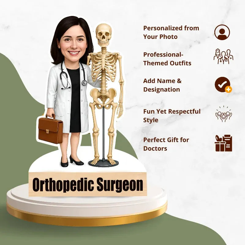 Bobblehead of an orthopedic surgeon with a skeleton and briefcase, personalized from a photo.