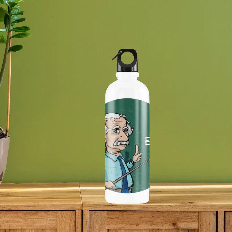 Water bottle with a cartoon character design on a wooden surface with a green wall background