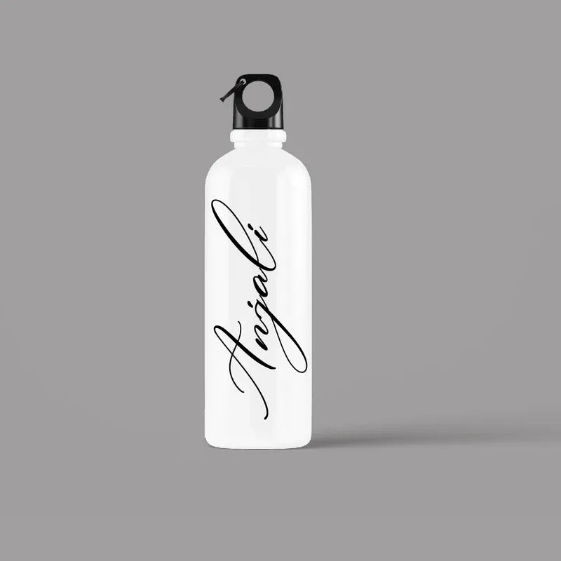 White water bottle with black text on a gray background