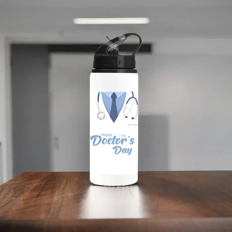 White water bottle with a doctor-themed design on a wooden table