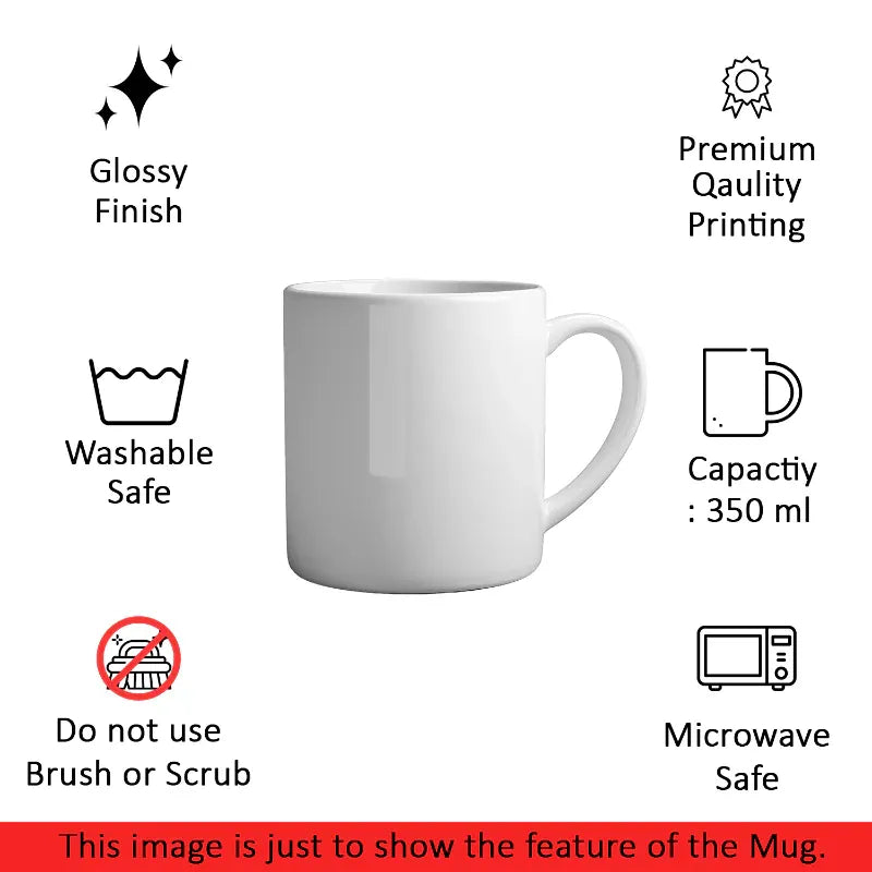 White mug with dimensions labeled on a white background
