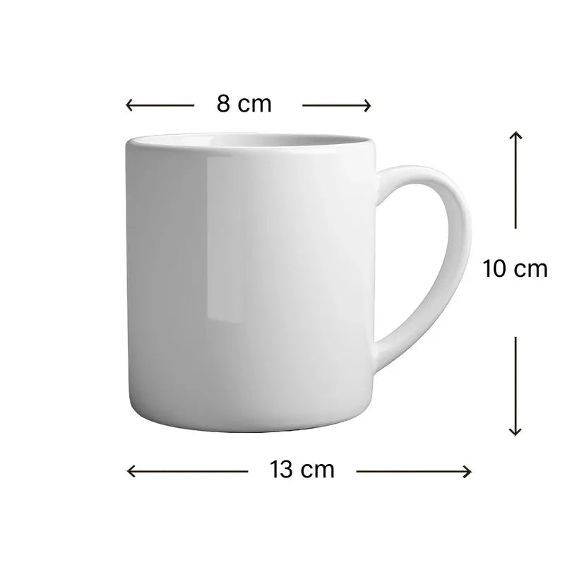 White mug with dimensions labeled on a white background