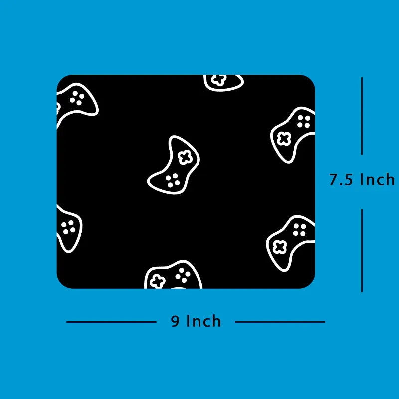 Black mouse pad with white game controller icons on a blue background