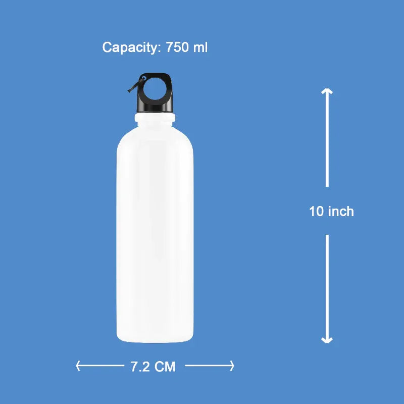 White water bottle with measurements on a blue background