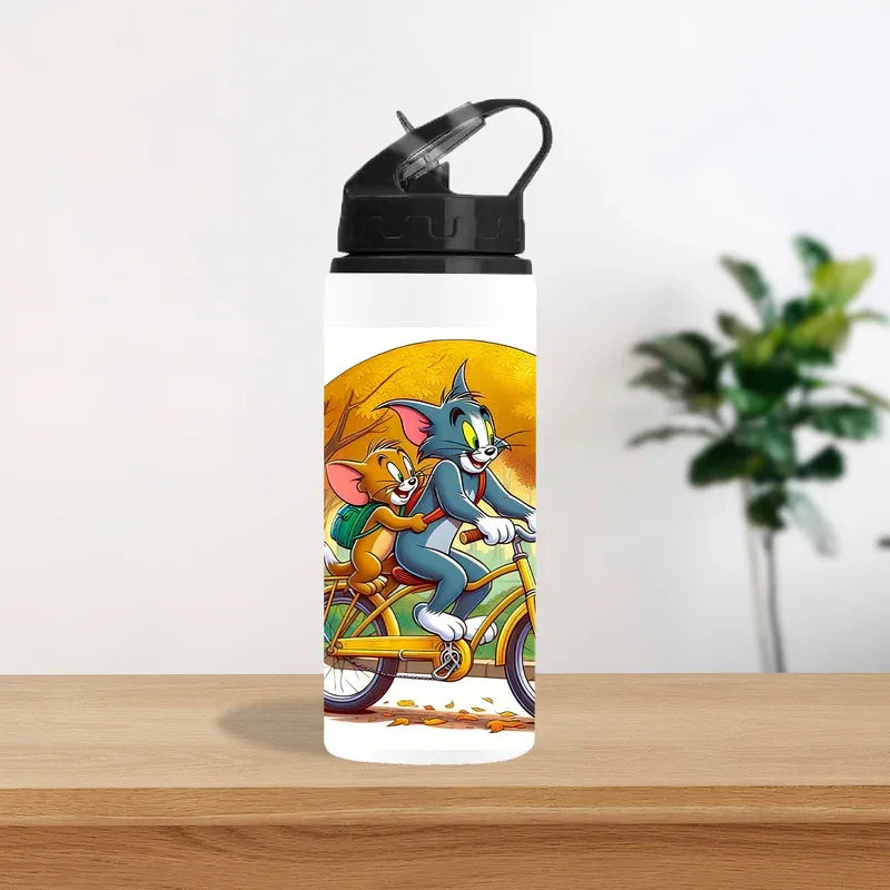 Water bottle with cartoon characters on a wooden surface