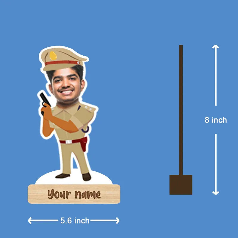 custom caricature of a police officer with dimensions on a blue background