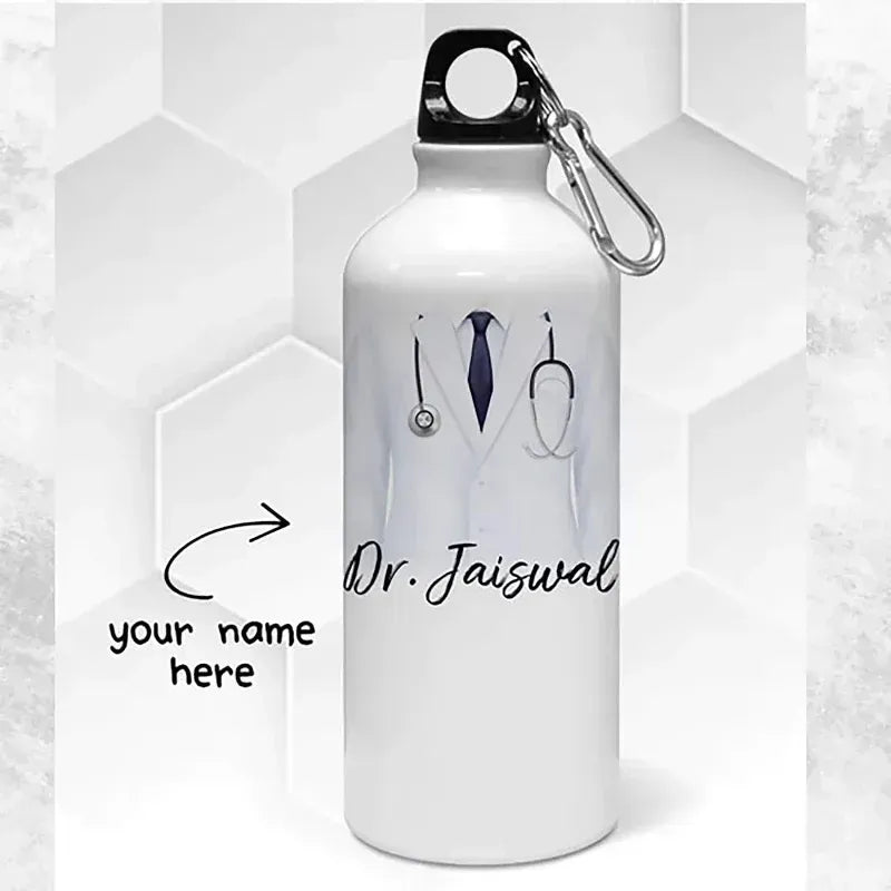White water bottle with doctor-themed design and 'Dr. Jaiswal' text on a light gray background