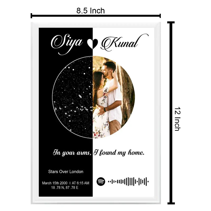 Personalized photo frame with names 'Siya' and 'Kunal', a heart symbol, and a couple's photo. Dimensions are 8.