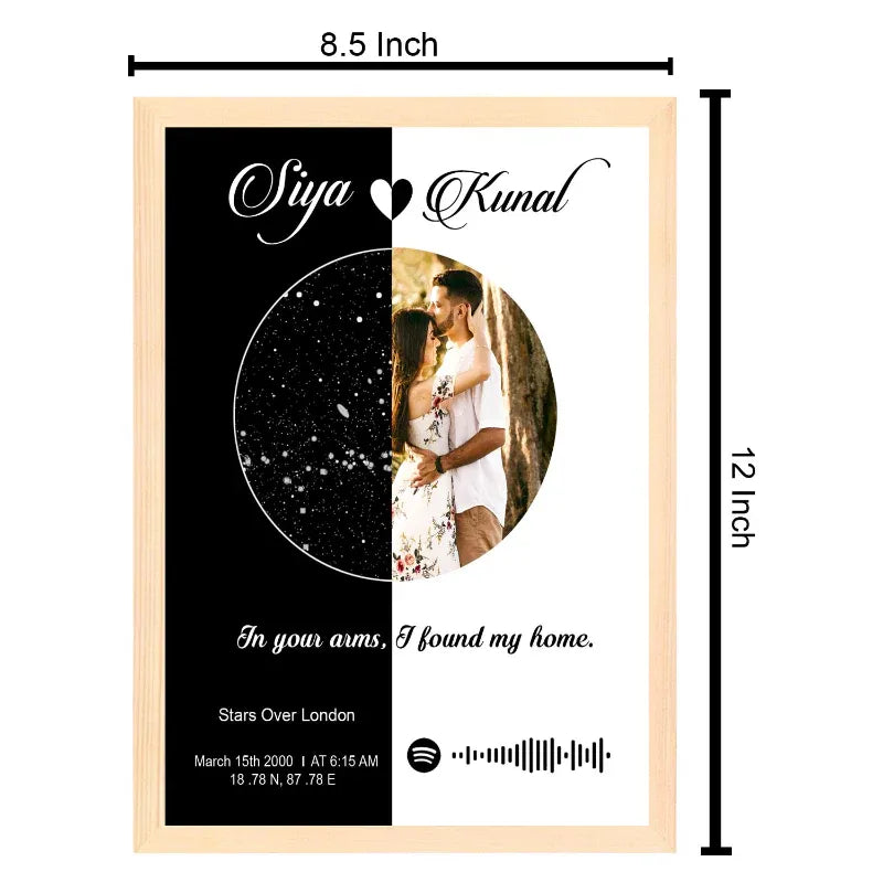 Personalized photo frame with two circular cutouts, one with a couple and the other with starry sky, with dimensions displayed.