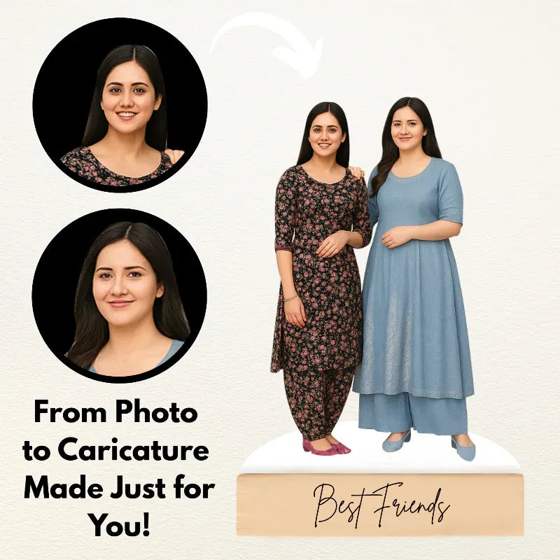 Two women in dresses with a caricature of themselves and text 'Best Friends' on a white background.