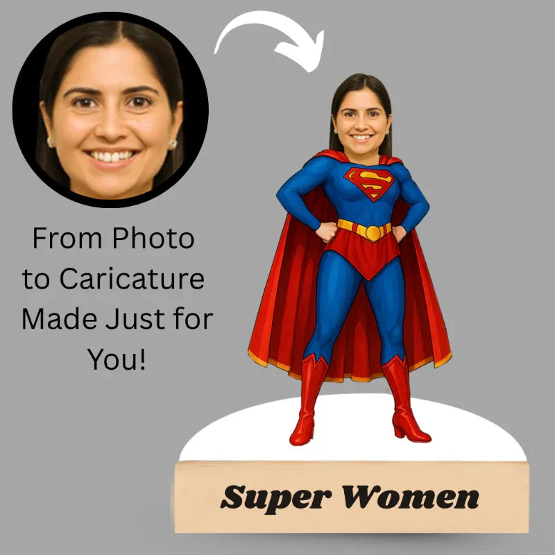 Caricature of a woman in a superhero costume with text 'From Photo to Caricature Made Just for You! Super Women'.