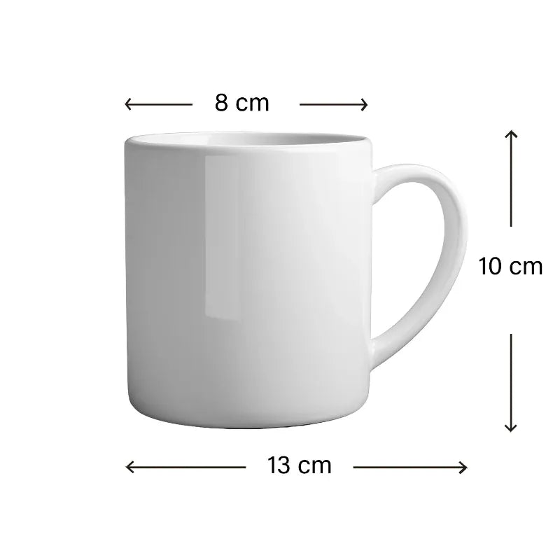 White mug with dimensions labeled on a white background