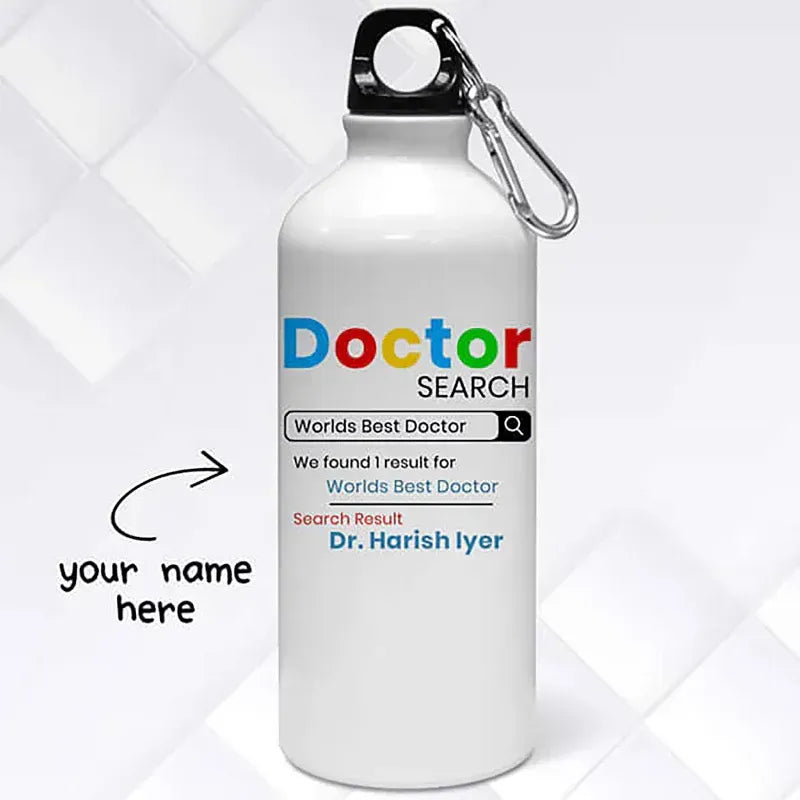 White water bottle with colorful text and a carabiner on a white background