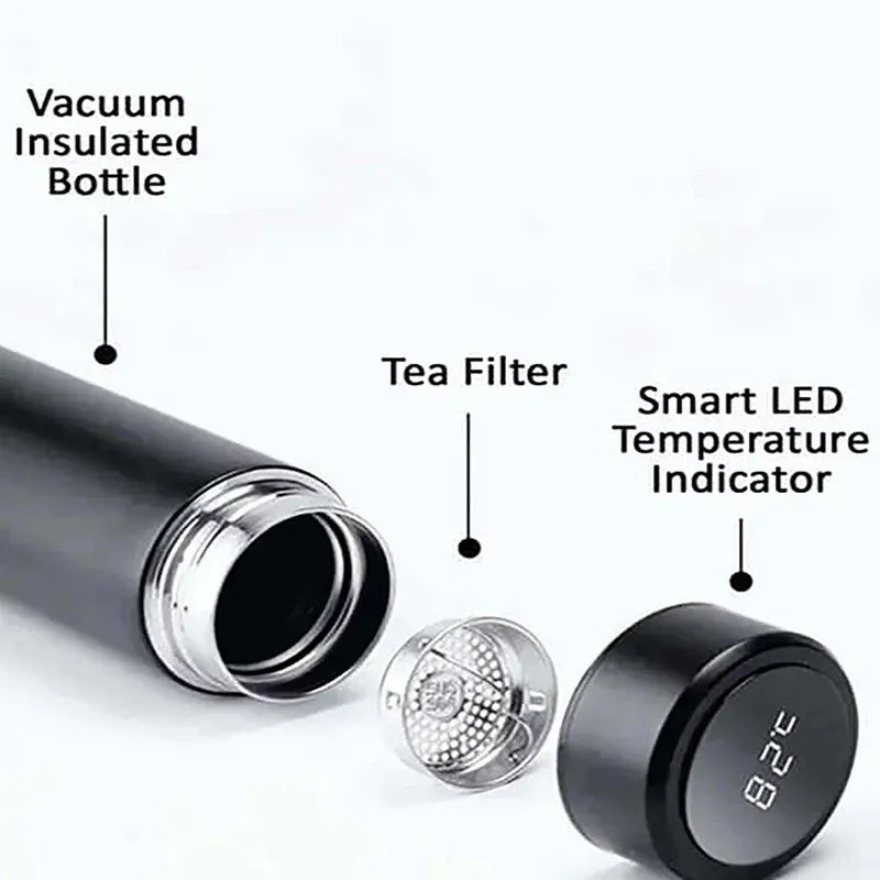Vacuum insulated bottle with tea filter and smart LED temperature indicator on a white background
