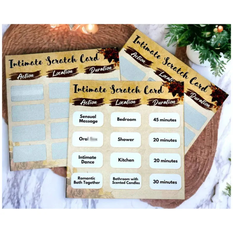 Intimate Scratch Card with action, location, and duration details on a wooden surface.