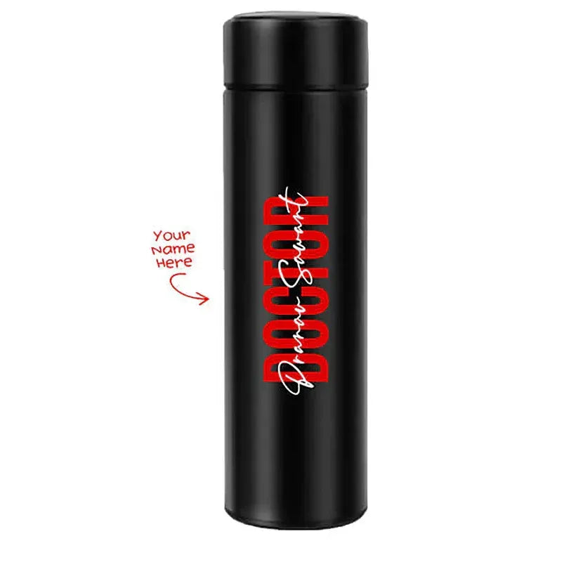 Black thermos bottle with red and white text on a white background