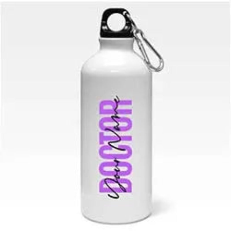 White water bottle with purple text and carabiner on a white background