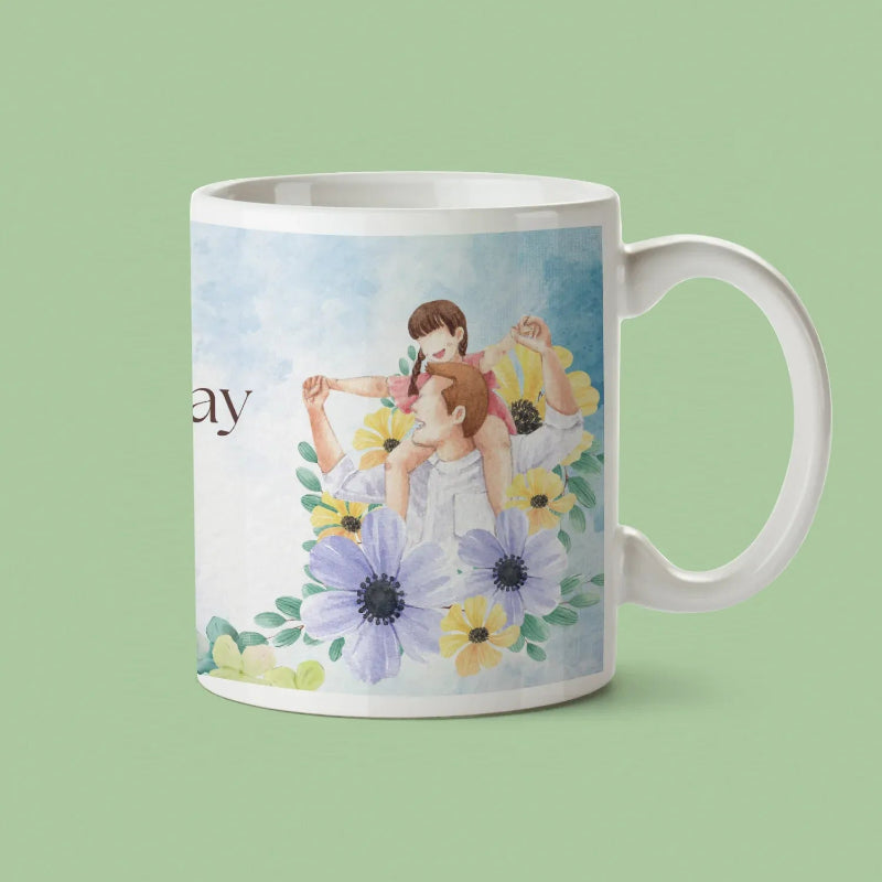 Daughter cup with father daughter design on green background side angle.