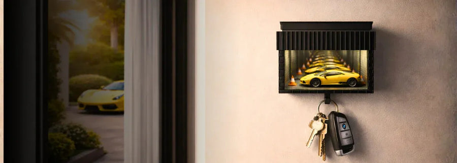 Wall-mounted car garage key holder with miniature yellow sports car display and hanging car keys, decorative automotive home accessory