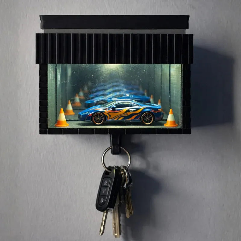 Key holder with miniature car display and keys attached on a gray wall.