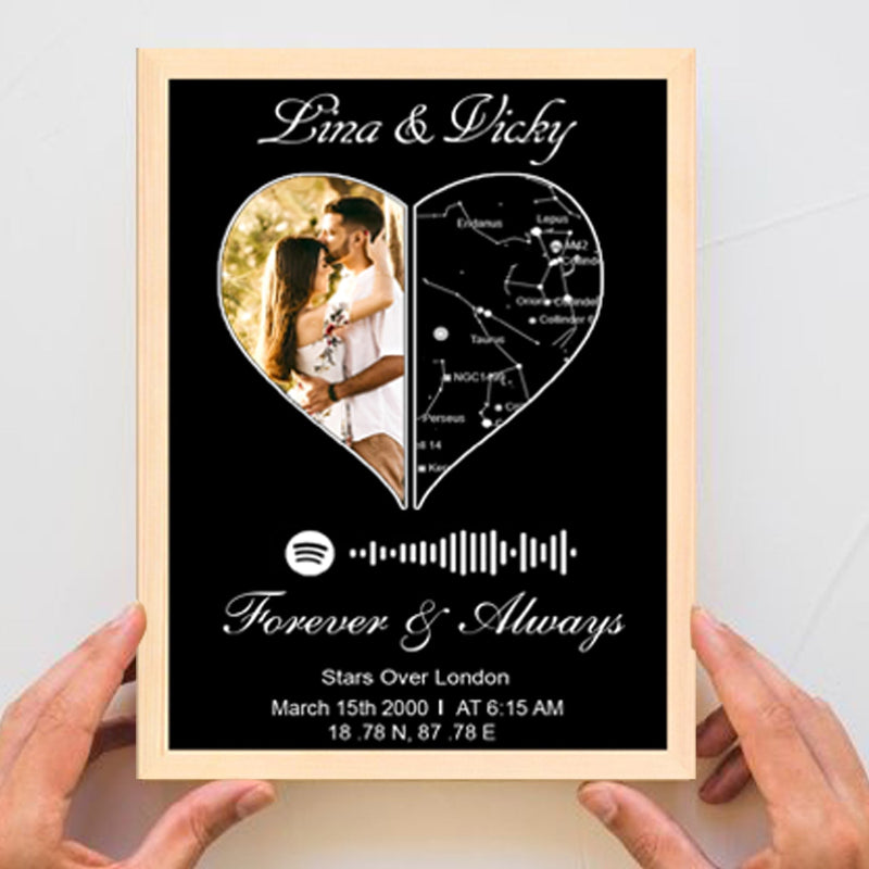 Framed artwork with a heart-shaped cutout of a couple, a Spotify symbol, and text on a black background.