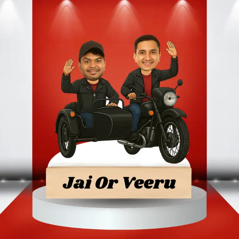 Bobbleheads of two people on a motorcycle with 'Jai Or Veeru' text on a red background