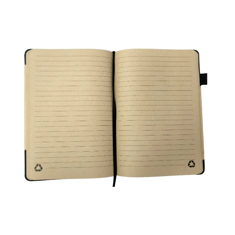 Open notebook with lined pages on a white background