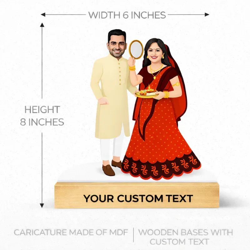 Karva Chauth couple caricature dimensions showing 6 inches width and 8 inches height with MDF cutout and wooden base