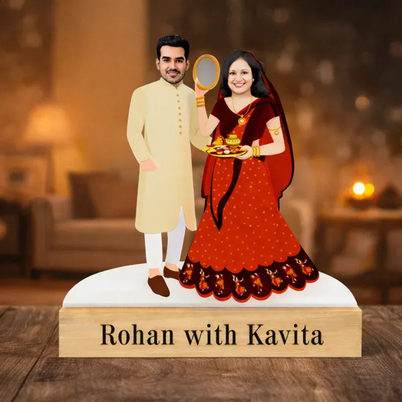 Personalised Karva Chauth couple caricature made from MDF with wooden base and custom text – traditional Indian gift
