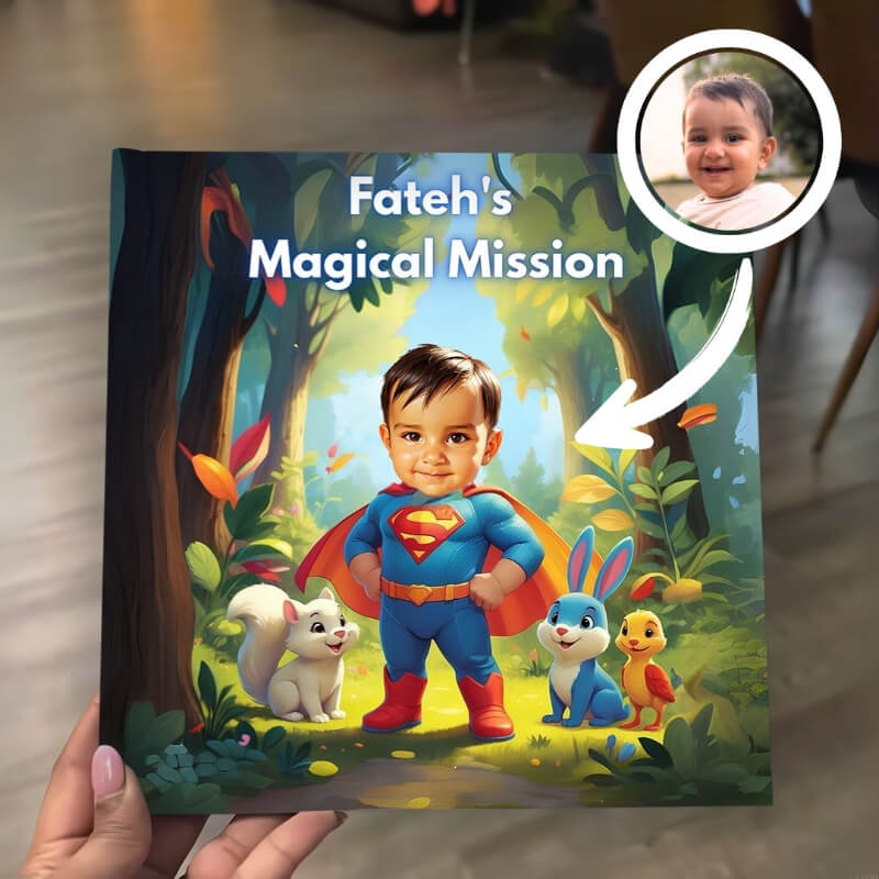 personalised books for kids titled 'Fateh's Magical Mission' with a superhero-themed cover featuring a child, animals, and trees.