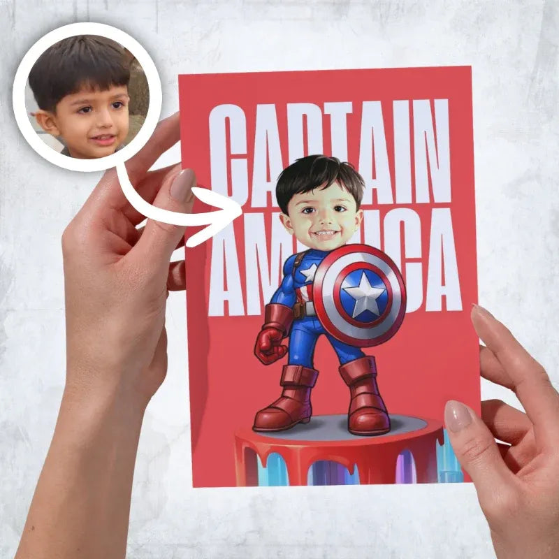 Child's personalized superhero costume with 'Captain America' text and shield design.