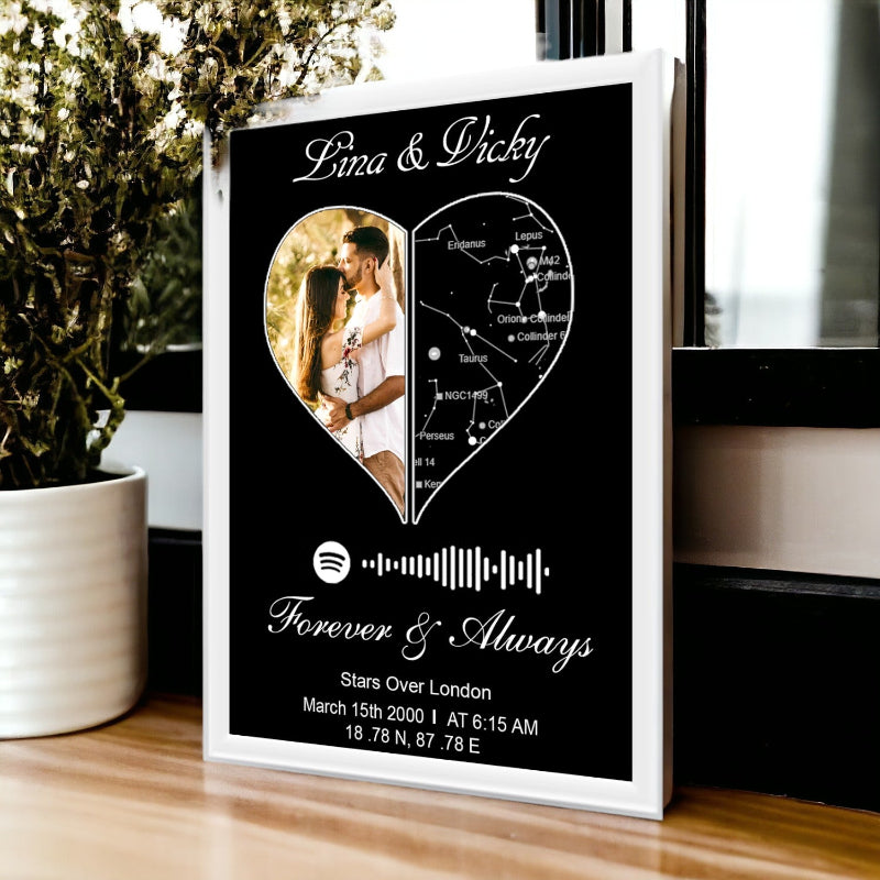 Personalized photo frame with heart design and text on a wooden surface.