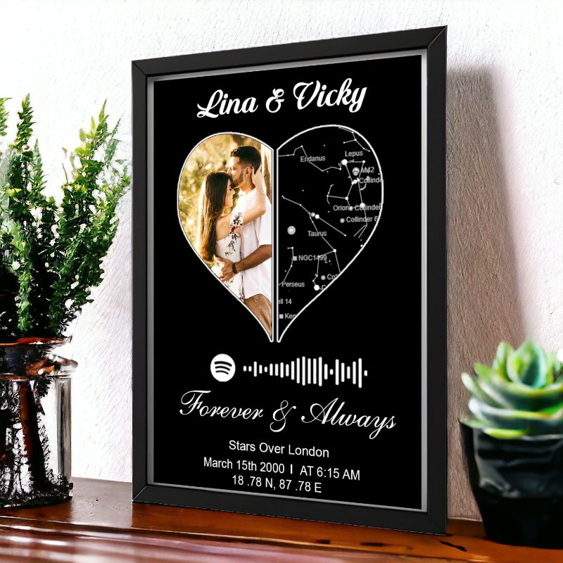 Framed artwork with a heart design, photo of a couple, and constellation map on a black background.