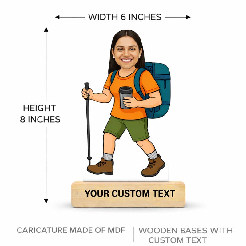 Lady traveller caricature MDF standee with wooden base showing 6 inches width and 8 inches height with custom name text
