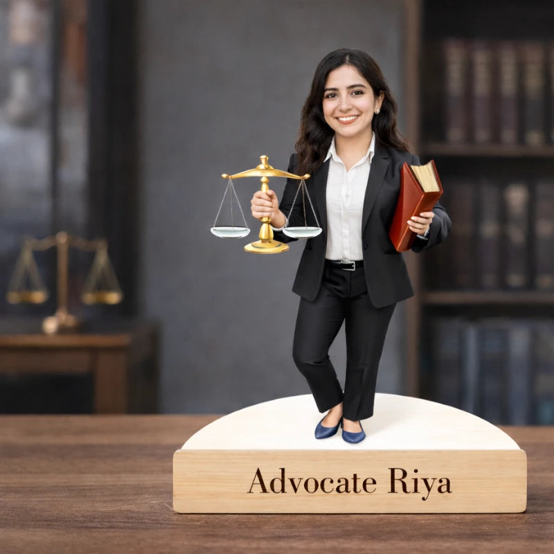 caricature of a woman advocate holding scales and a book, with 'Advocate Riya' on a base.