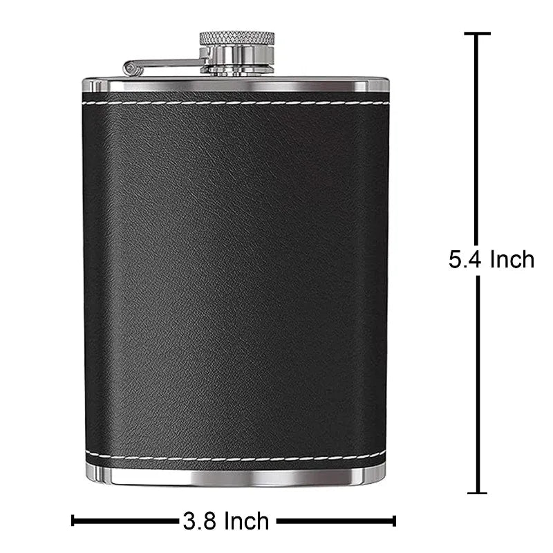 Black leather flask with silver accents and dimensions displayed on a white background