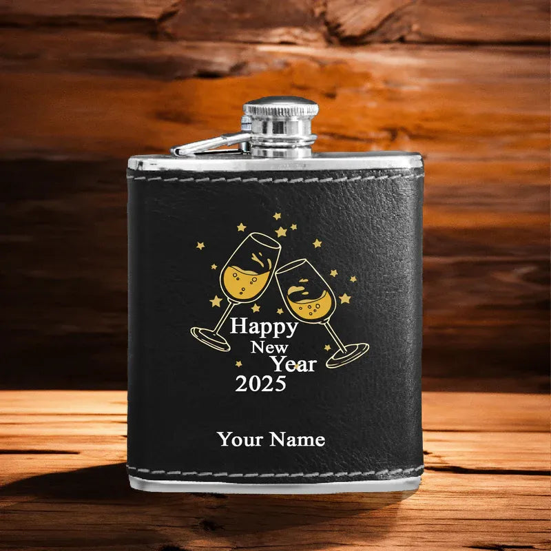 Black Leather Hip Flask Customised with Name – Personalized Stainless Steel Flask Gift for Him or Her