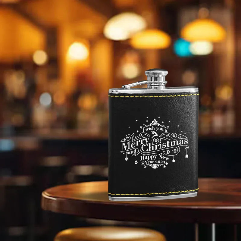 Black Leather Hip Flask Customised with Name – Personalized Stainless Steel Flask Gift for Him or Her
