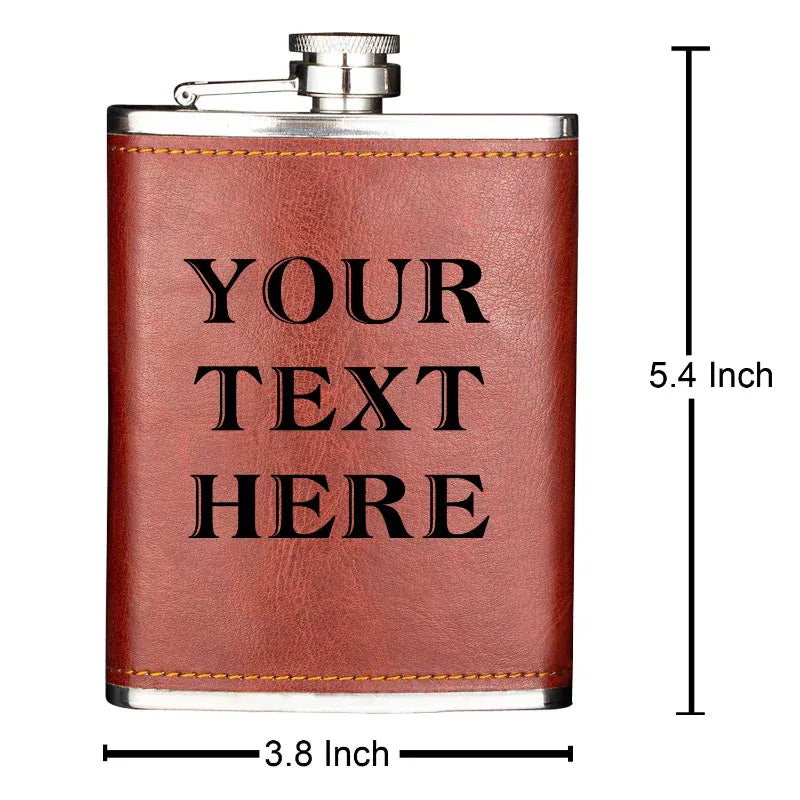 Brown leather flask with 'YOUR TEXT HERE' text and measurements on a white background
