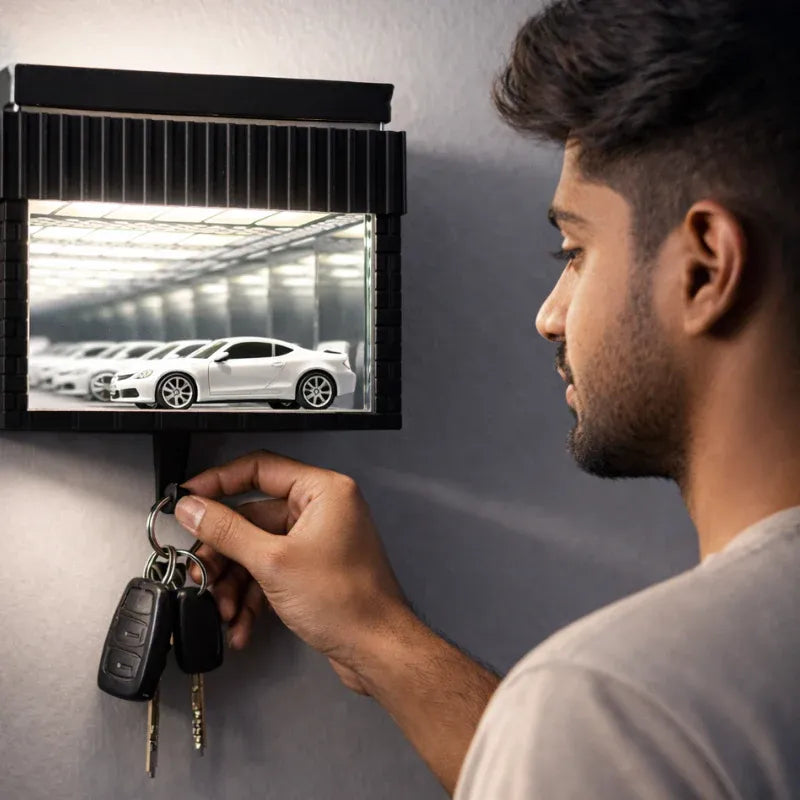 Person using a keychain with a small screen displaying car images on a wall-mounted device.