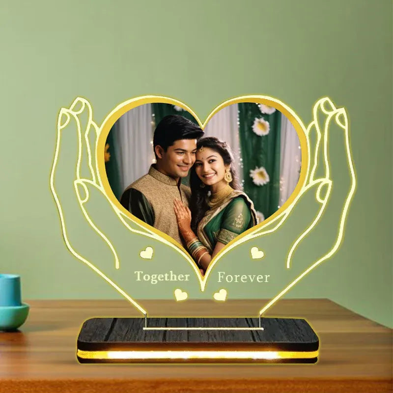 Heart-shaped lamp with a photo of a couple and 'Together Forever' text on a green background.
