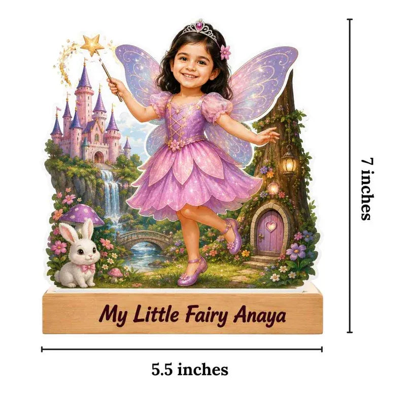 Fairy figurine with a castle and rabbit, labeled 'My Little Fairy Anaya', with dimensions indicated.