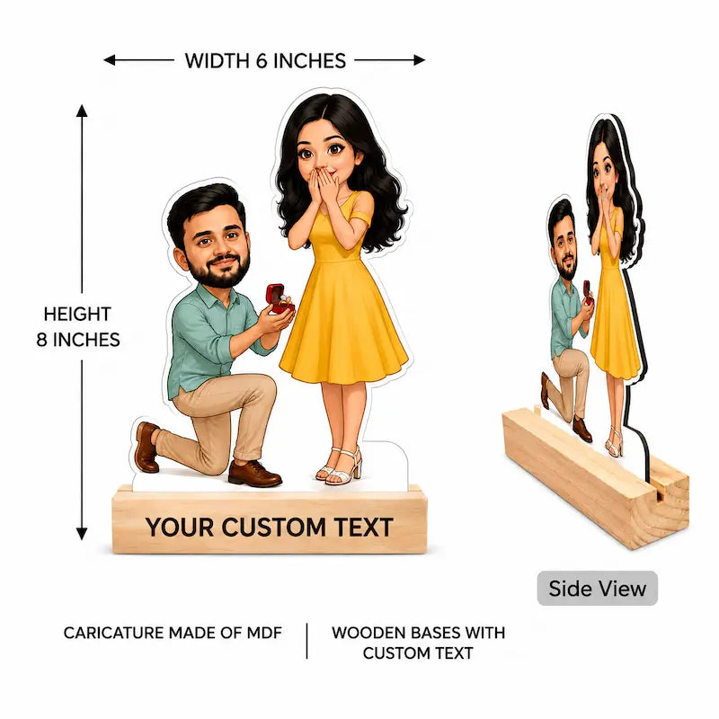 Customizable MDF wooden cutout sign featuring a cartoon couple illustration, shown with dimensions (6 inches wide by 8 inches high), a side view, and customizable text on a wooden base against a white background.